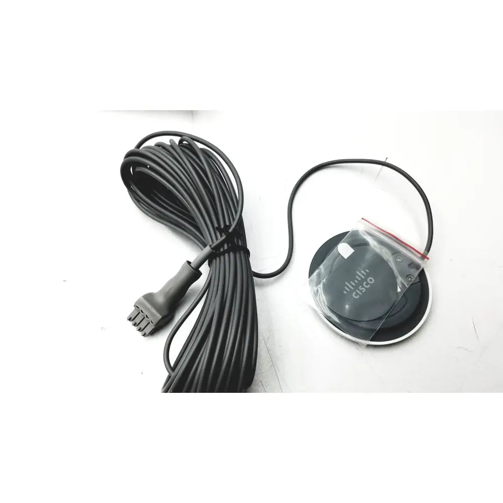 Black cisco cs-mic-table-e table microphone cable with euroblock plug coiled cord in clear plastic packaging