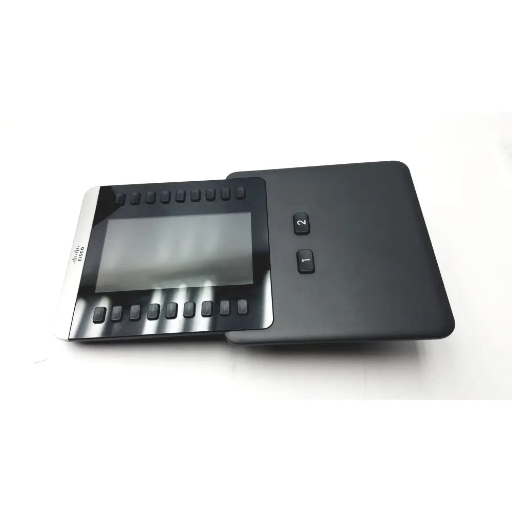Black Cisco IP Phone key expansion module with touchscreen display and multiple physical buttons for expanded functionality