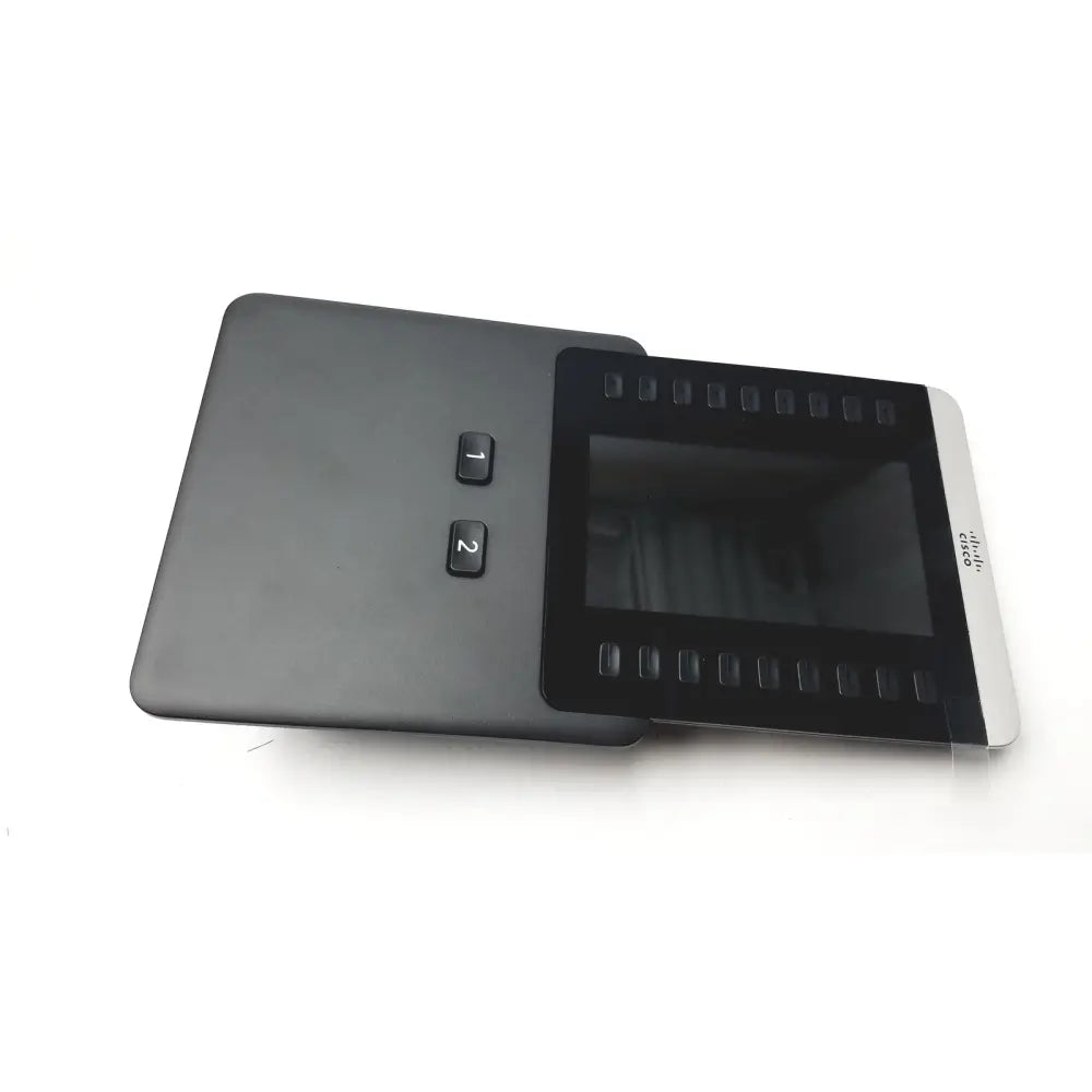 Black cisco ip phone key expansion module with touchscreen display, two numbered buttons, and silver edge on right side