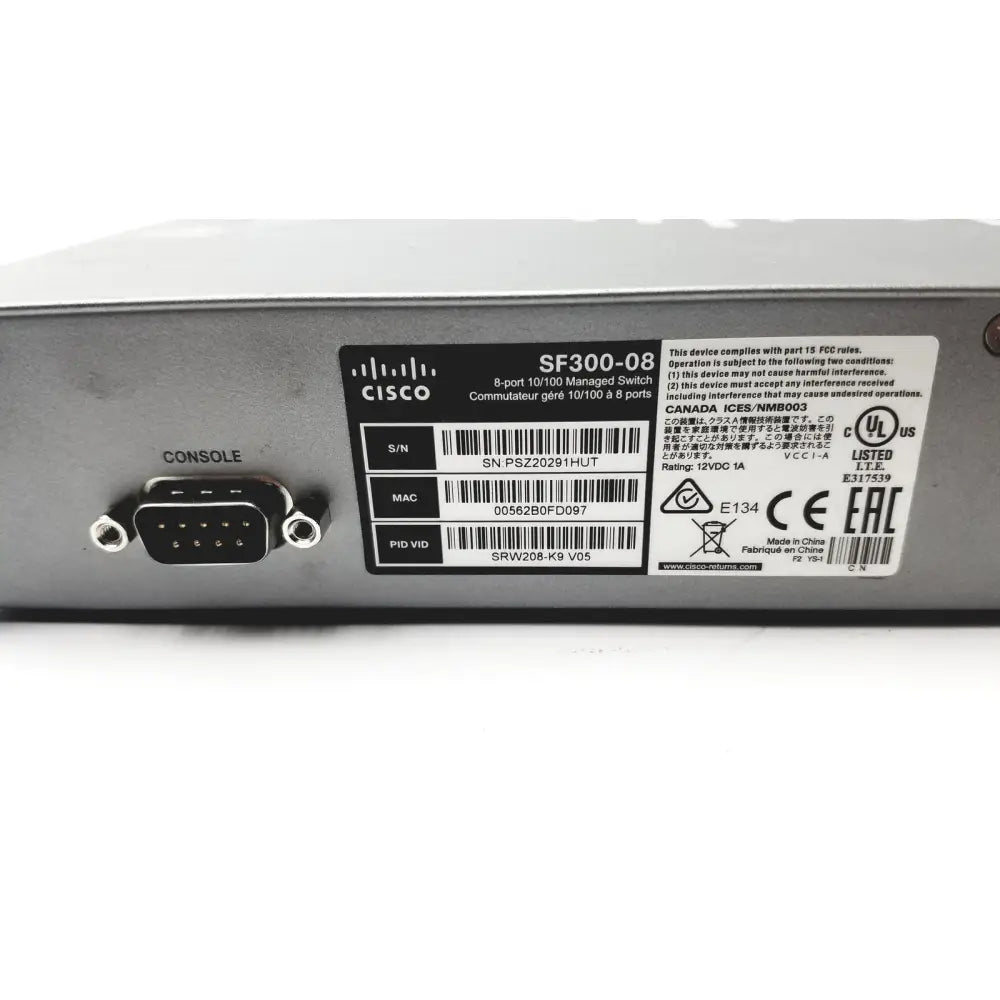 Cisco sf300-8 8-port managed switch with black console port and silver metal casing for network management