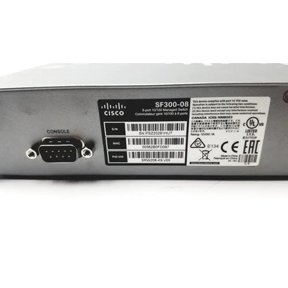 Cisco sf300-8 8-port managed switch with black console port and silver metal casing for network management