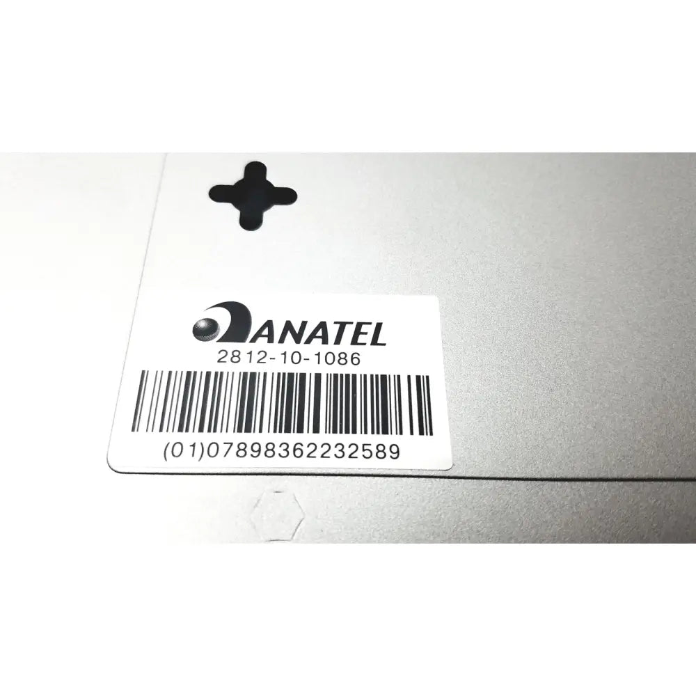 Silver anatel compliance label with black barcode and serial number on the back of cisco sf300-8 managed switch