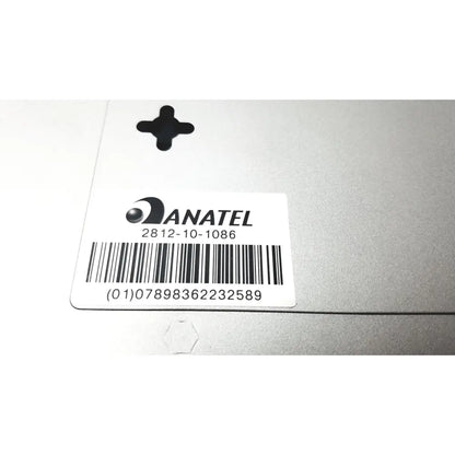 Silver anatel compliance label with black barcode and serial number on the back of cisco sf300-8 managed switch