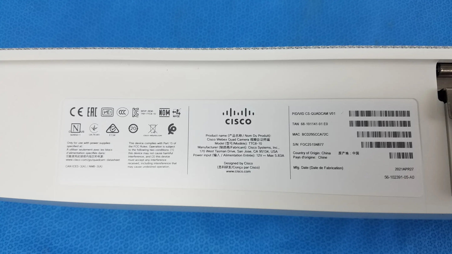 Cisco TTC8-10 Webex Quad Conference Room Camera Conference Room Camera, second-hand product photo 7
