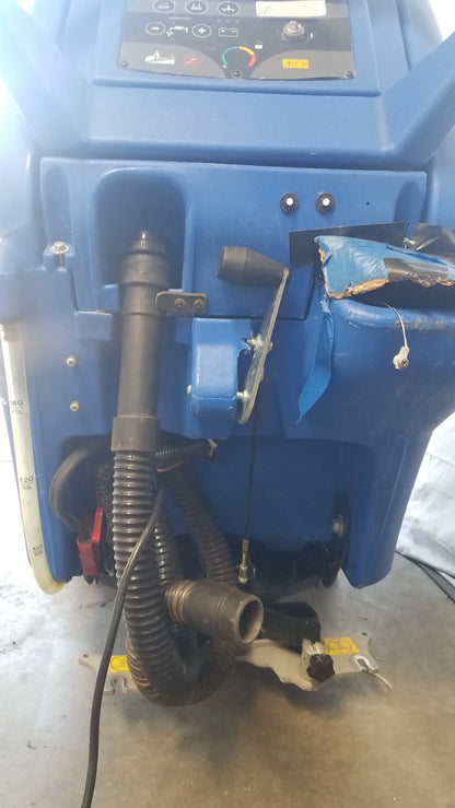 Blue Clarke focus ii boost floor scrubber with black hoses and control panel for industrial floor cleaning