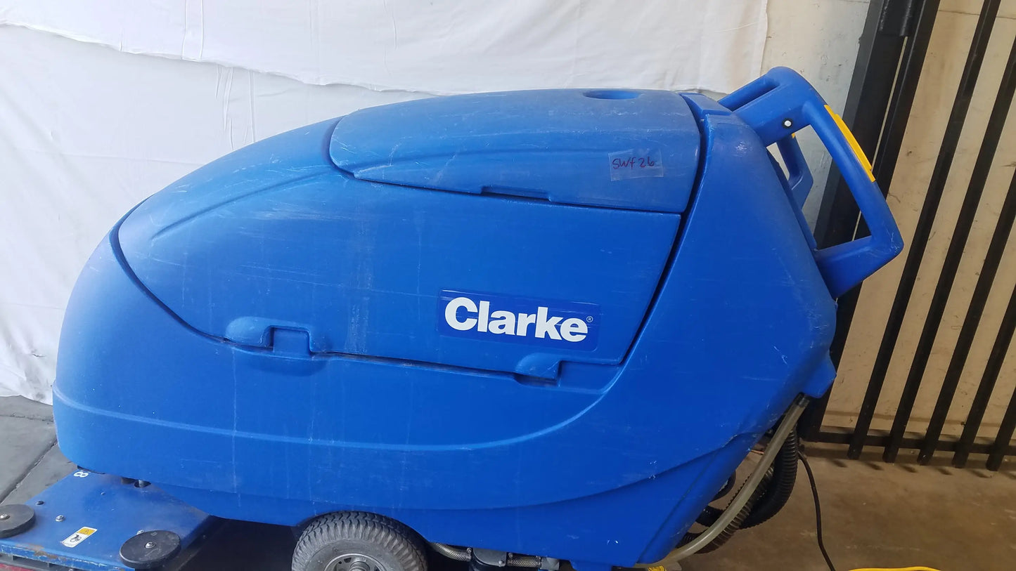 Blue Clarke focus ii boost floor scrubber with rounded durable plastic body and integrated handle for floor cleaning