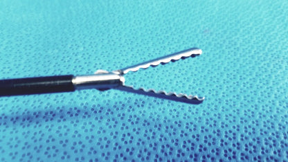 Silver claw gasper surgical forceps with serrated jaws and black handle on blue textured surface for reuse medical laparoscopic instruments