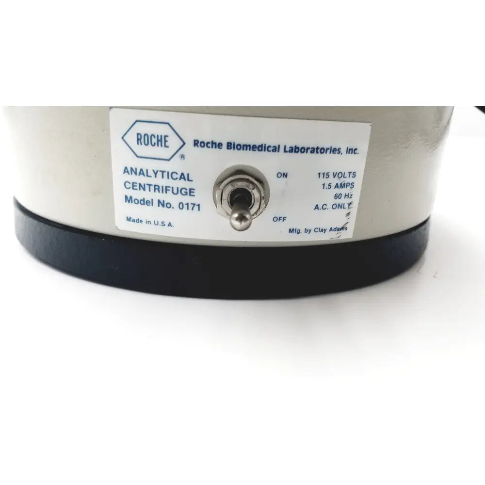 Clay Adams Roche Model 0171 analytical centrifuge with white body black base and silver power switch for reuse medical use