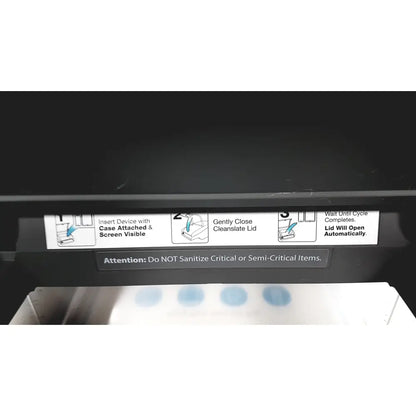 Black plastic instruction label with white text and diagrams for cleaning on the back of CleanSlate UV csuv-ug6cx mobile device sterilizer