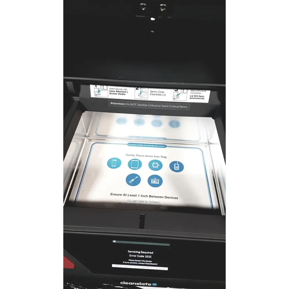 Black plastic tray with printed instructions and icons for csuv-ug6cx mobile device sterilizer use in cleanslate uv system