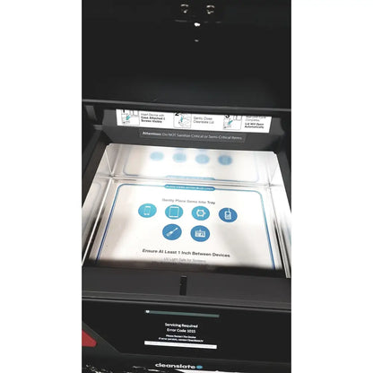 Black plastic tray with printed instructions and icons for csuv-ug6cx mobile device sterilizer use in cleanslate uv system