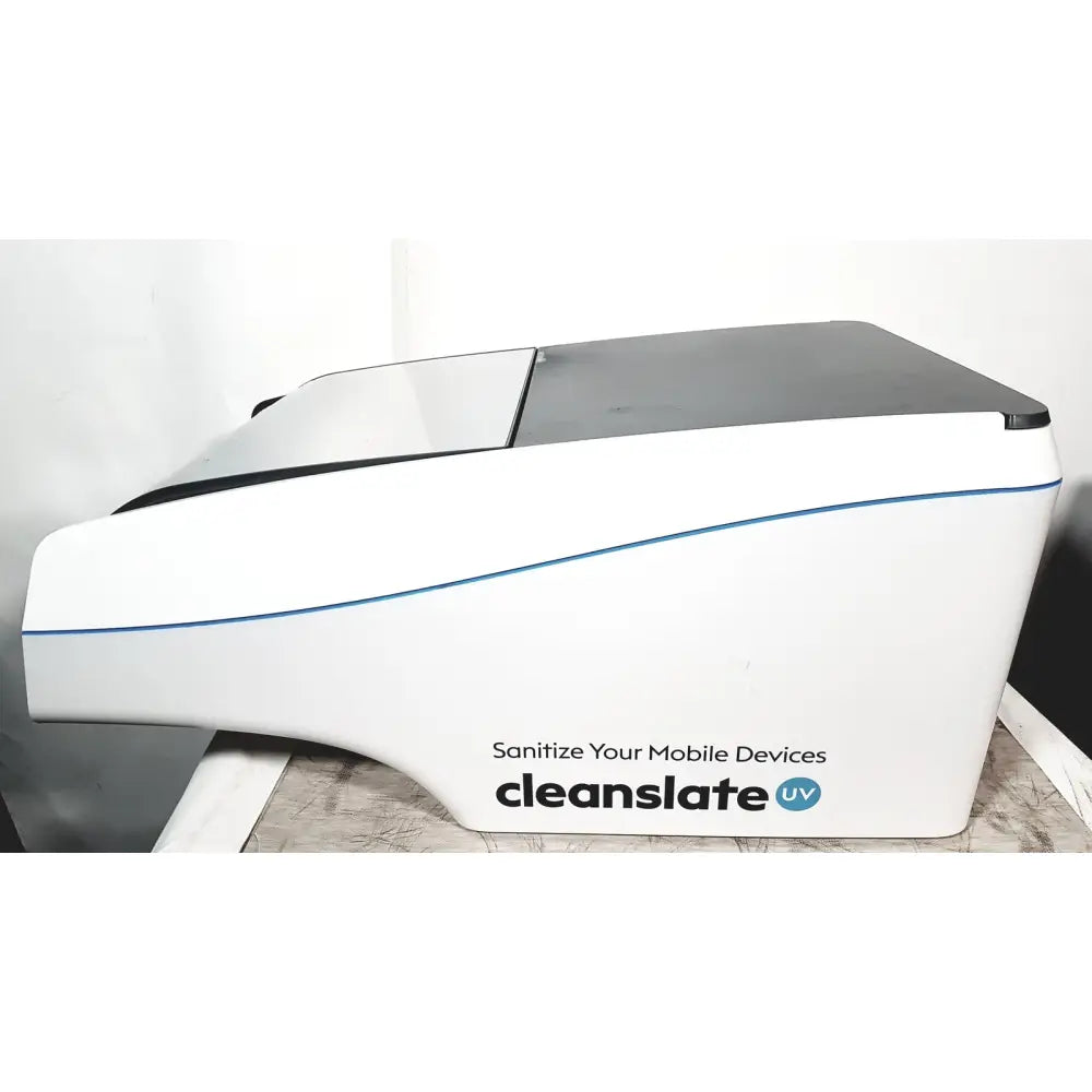 White and gray cleanslate uv csuv-ug6cx mobile device sterilizer with blue accents and sleek modern design