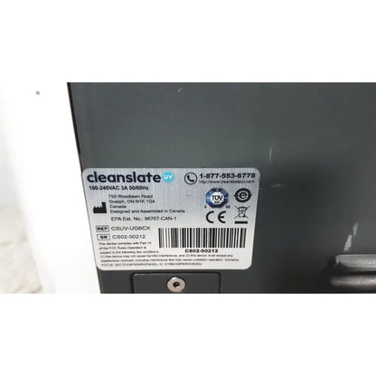 Gray cleanslate mobile device sterilizer csuv-ug6cx with white label showing model and serial number on back side