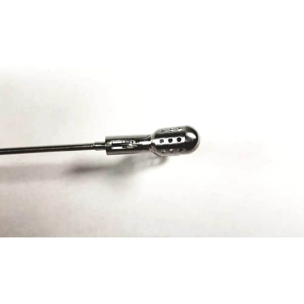 Silver metallic microphone with perforated rounded head and slender shaft for clickline forceps insert surgical instrument replacement