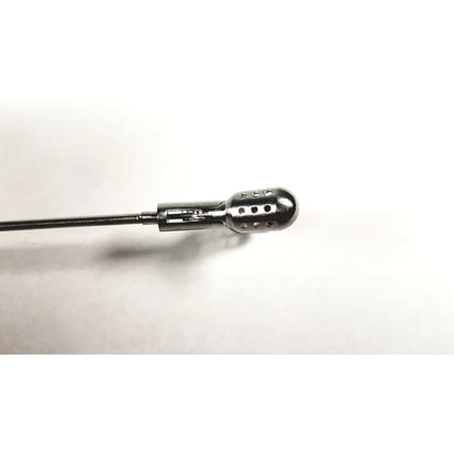 Silver metallic microphone with perforated rounded head and slender shaft for clickline forceps insert surgical instrument replacement