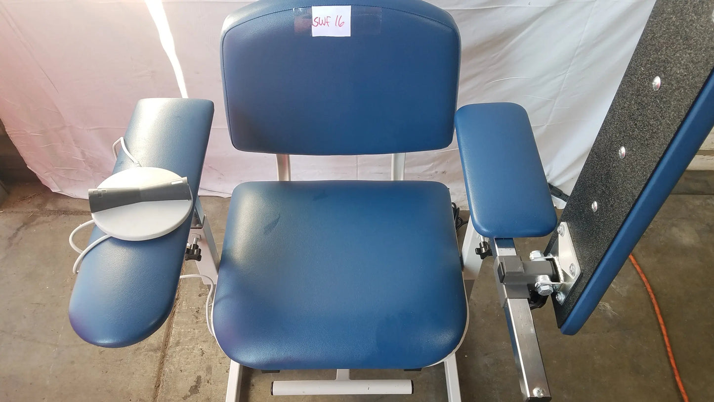 Blue padded clinton 6341 power series blood drawing chair with adjustable armrests and metal frame for blood drawing use