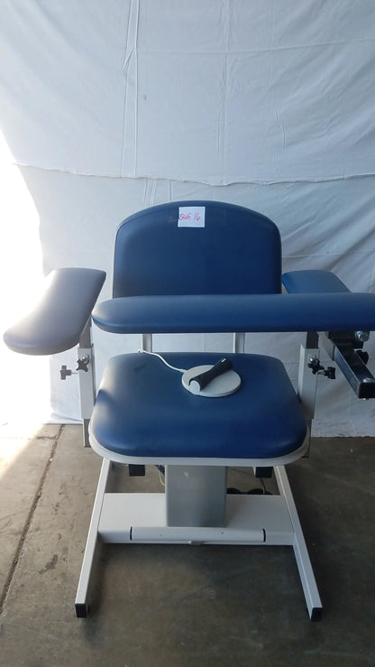 Clinton 6341 power series blood drawing chair with blue padded seat, adjustable armrests, and white metal frame