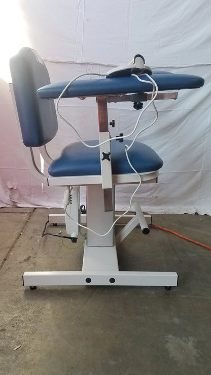 Blue padded power series blood drawing chair with adjustable height and white metal frame for blood drawing use