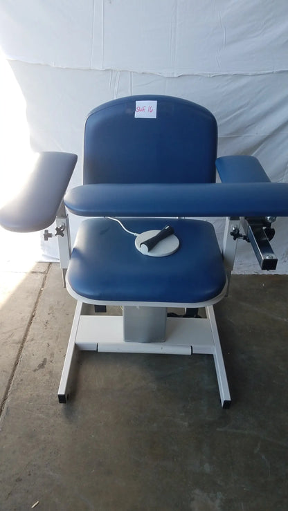 Clinton 6341 Power Series blood drawing chair with blue padded seat white metal frame and adjustable armrests