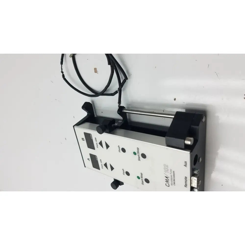 Black and silver cma model 102 microdialysis pump with control panel, cables, and metal rod for reuse medical applications