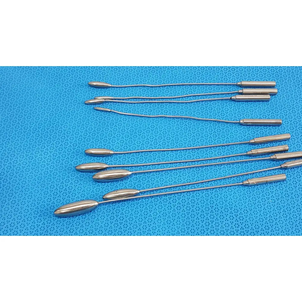 Set of stainless steel codman debakey mall surgical forceps with elongated oval tips and cylindrical handles in silver color