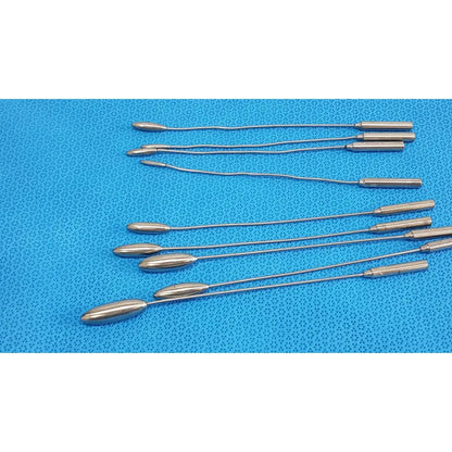 Set of stainless steel codman debakey mall surgical forceps with elongated oval tips and cylindrical handles in silver color