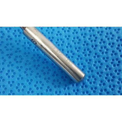 A sleek cylindrical stainless steel rod with engraved markings from the codman debakey mall surgical instrument set