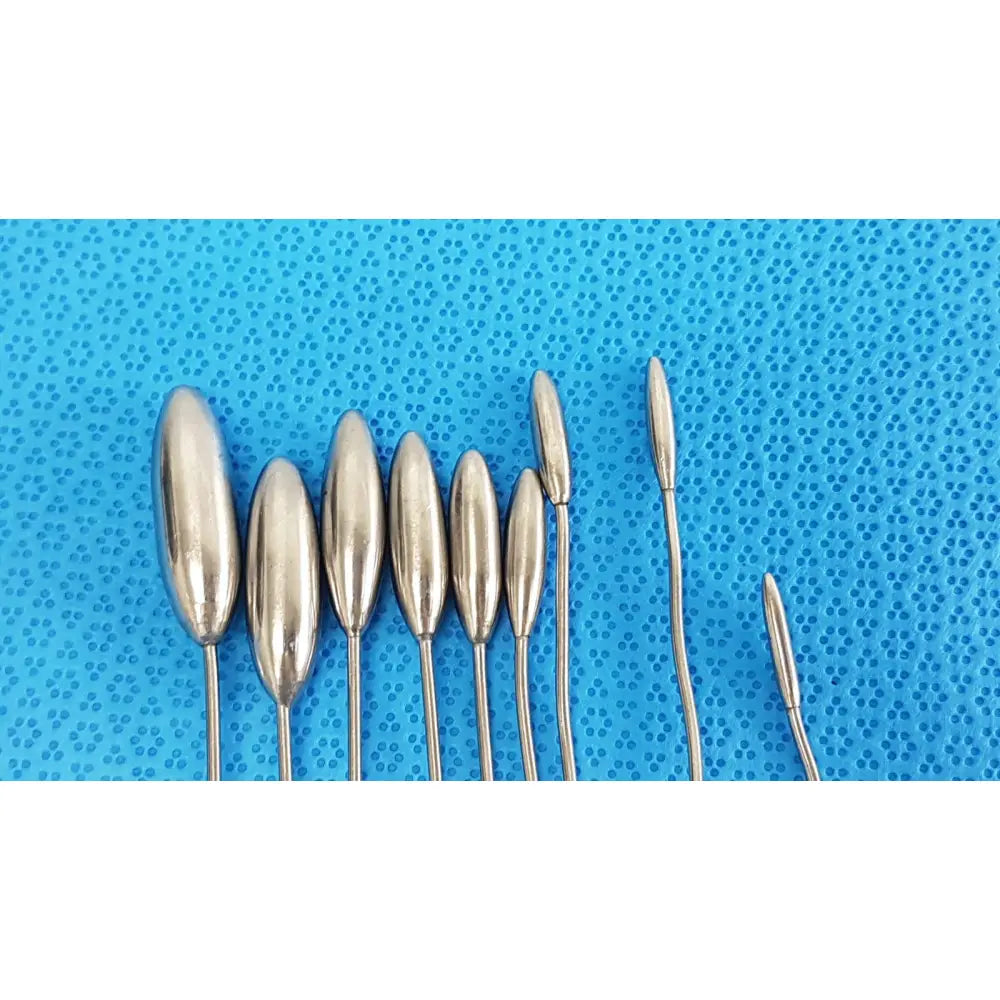 Set of seven metallic codman debakey mall surgical forceps with varying handle lengths and smooth reflective surfaces