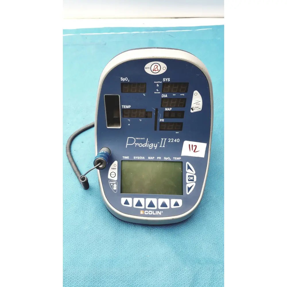Blue and silver colin press-mate prodigy ii 2240 patient monitor with digital vital signs display for medical use