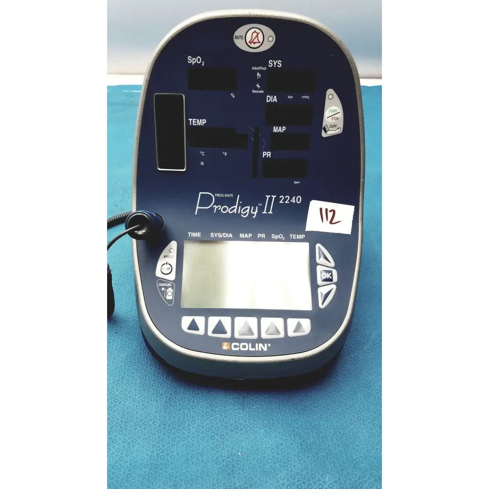 Blue and silver colin press-mate prodigy ii 2240 patient monitor with digital display for non-invasive blood pressure monitoring
