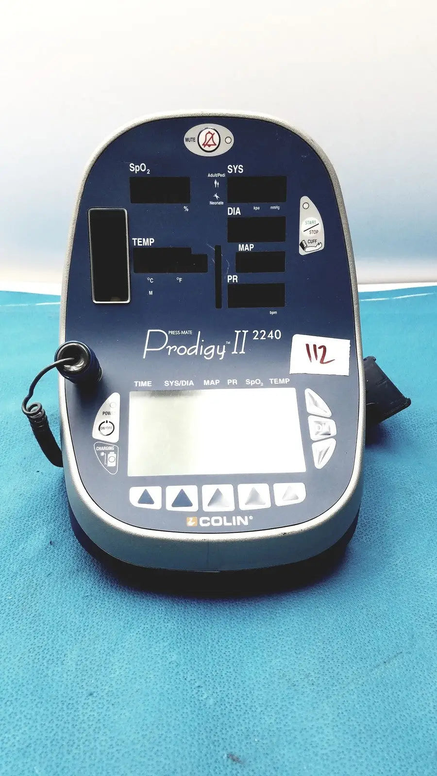 Blue and silver colin press-mate prodigy ii 2240 patient monitor with digital display and multiple sensor input ports