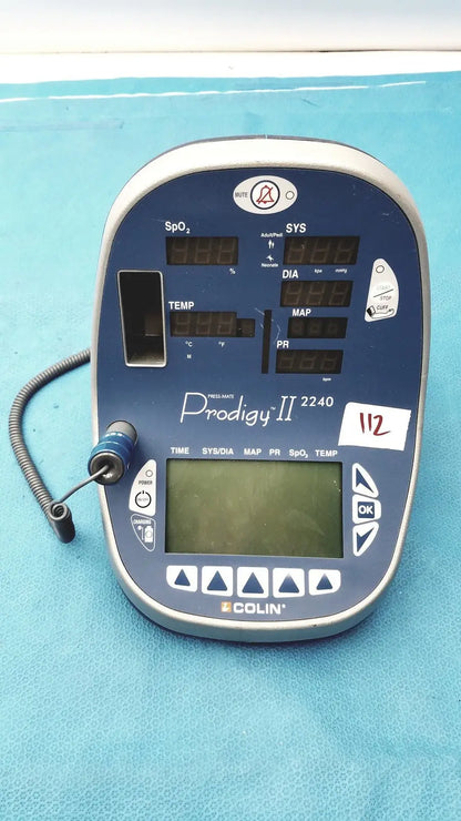 Blue and silver colin press-mate prodigy ii 2240 patient monitor with digital vital signs display for medical use