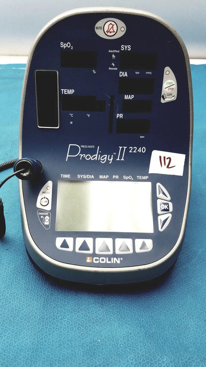 Blue and silver colin press-mate prodigy ii 2240 patient monitor with digital display for non-invasive blood pressure monitoring