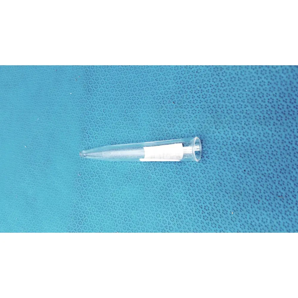Clear plastic conical centrifuge tube with a white label and colored graduations featuring a beaded rim