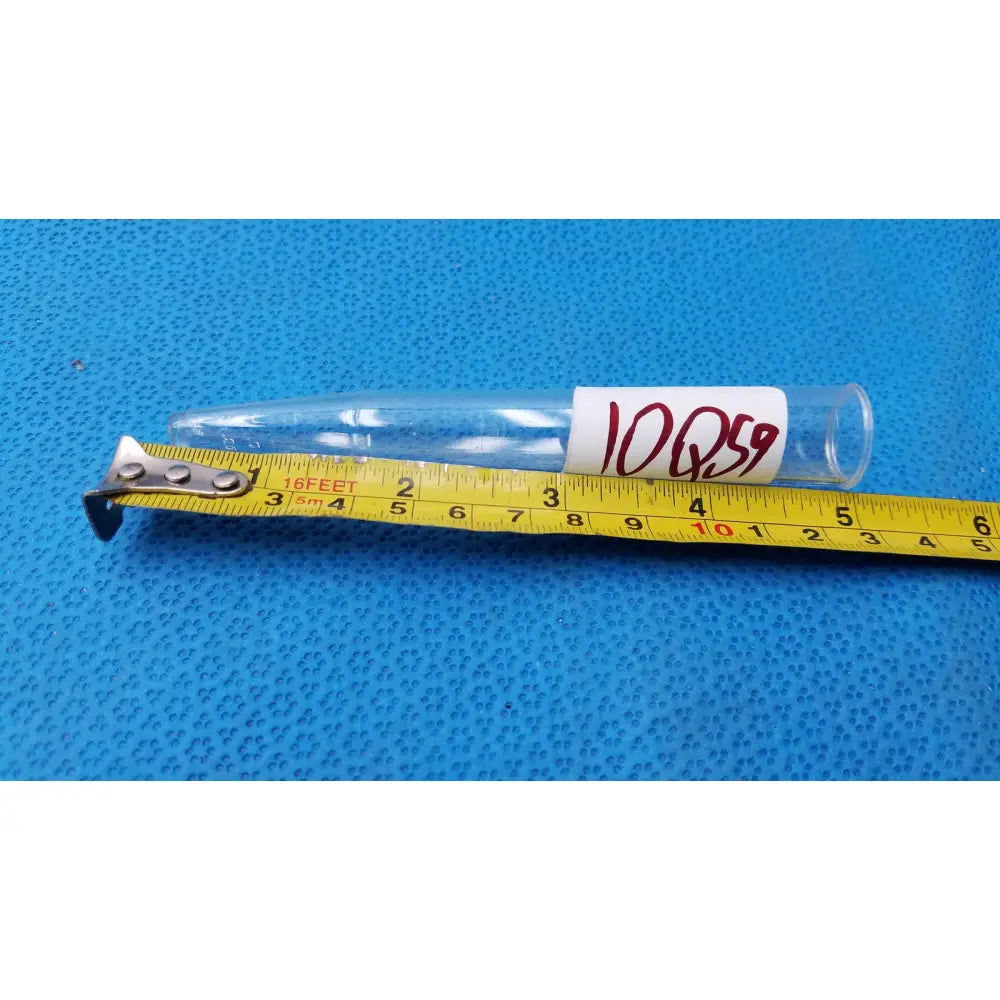 Clear glass conical centrifuge tube with white label and red number 10959 featuring colored graduations and beaded rim
