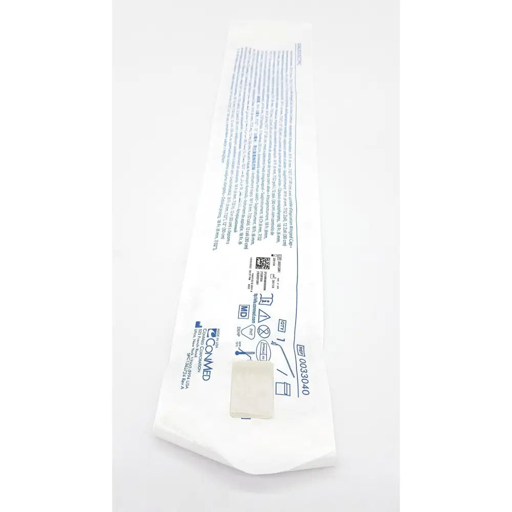 White plastic Conmed 0033040 reuse medical suction instrument packaging with blue text and instrument exp 12/2028 label