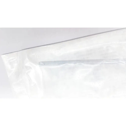 A slender metallic silver suction instrument inside a clear bag for reuse medical use instrument exp 12/2028