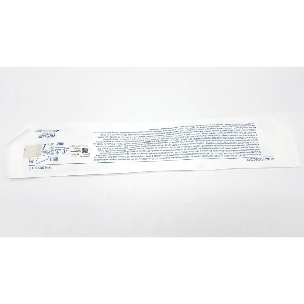 White sterile medical packaging of conmed 0033040 sigmoidoscopic 18 fr suction instrument with reuse medical info and instrument exp 12/2028