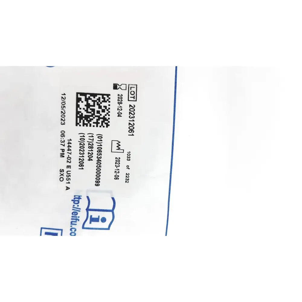 White paper label with black text blue logo and qr code on conmed 0033040 sigmoidoscopic 18 fr suction instrument reuse medical instrument exp 12 2028