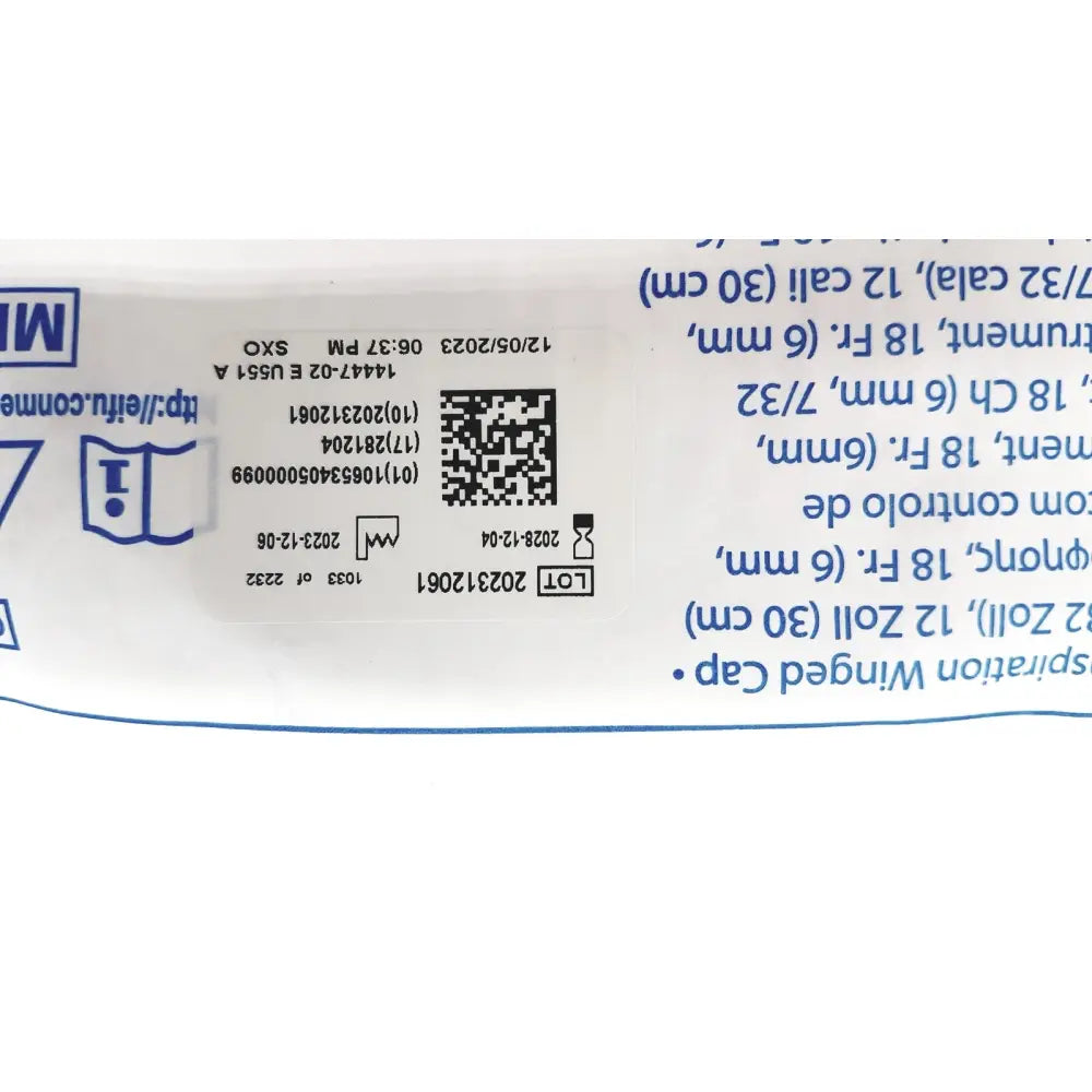 White plastic packaging of conmed 0033040 sigmoidoscopic 18 fr suction instrument with qr code and instrument exp 12/2028