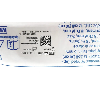 White plastic packaging of conmed 0033040 sigmoidoscopic 18 fr suction instrument with qr code and instrument exp 12/2028