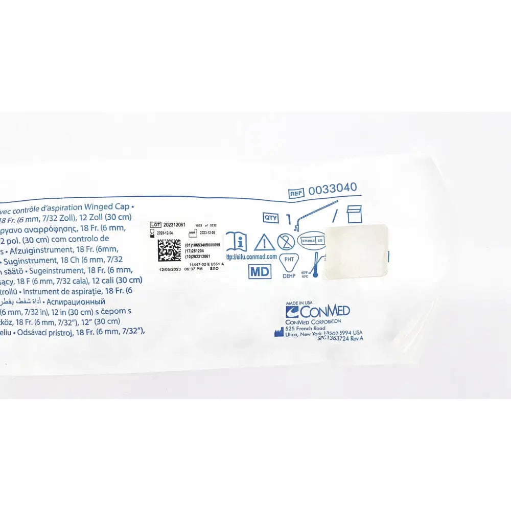 White plastic-wrapped conmed winged cap suction instrument 18 fr reuse medical device with instrument exp 12/2028