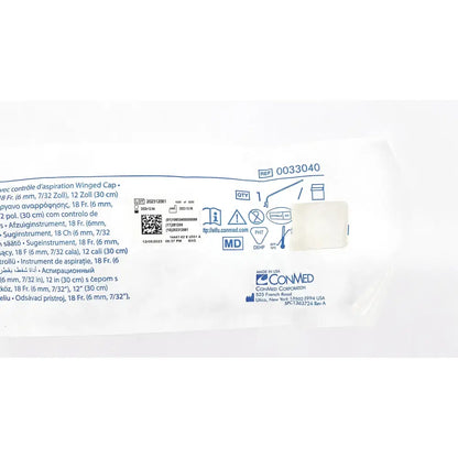 White plastic-wrapped conmed winged cap suction instrument 18 fr reuse medical device with instrument exp 12/2028