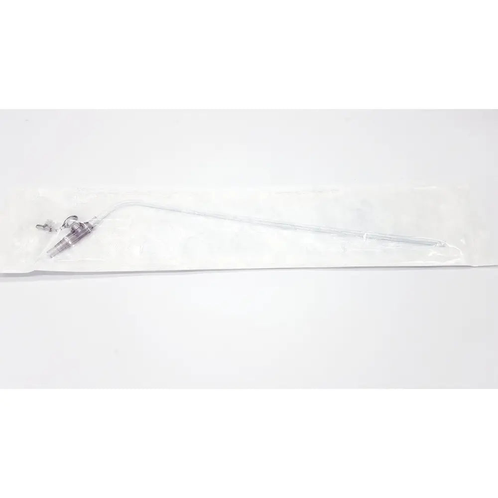 A sterile metallic Conmed 0033040 suction instrument with curved tip in clear packaging showing suction instrument exp 12/2028