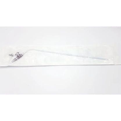A sterile metallic Conmed 0033040 suction instrument with curved tip in clear packaging showing suction instrument exp 12/2028