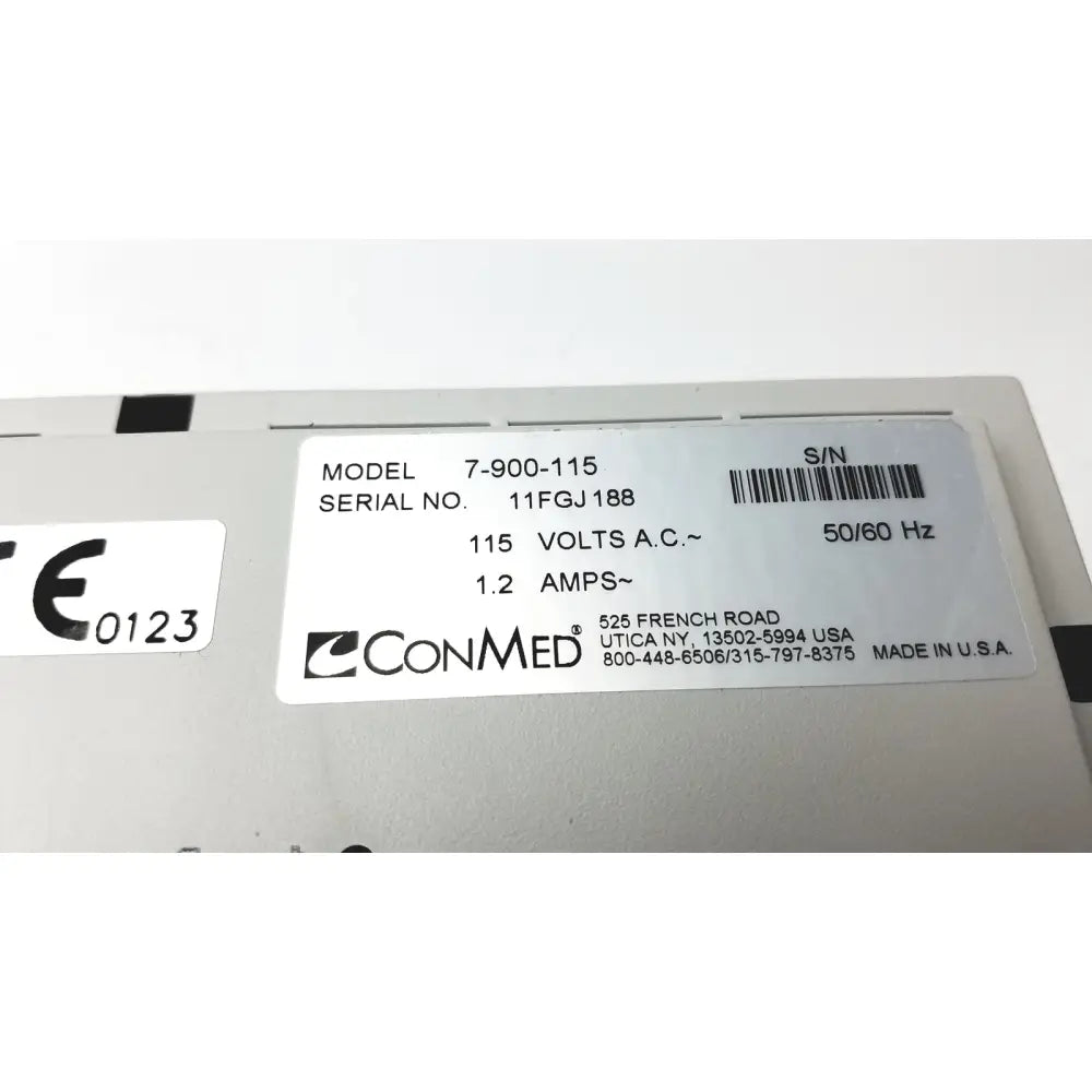 Conmed hyfrecator 2000 7-900-115 electrosurgical system back with silver metal casing and white reuse medical label