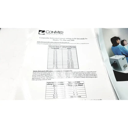 Printed document from conmed corporation detailing power settings for conmed hyfrecator 2000 reuse medical device