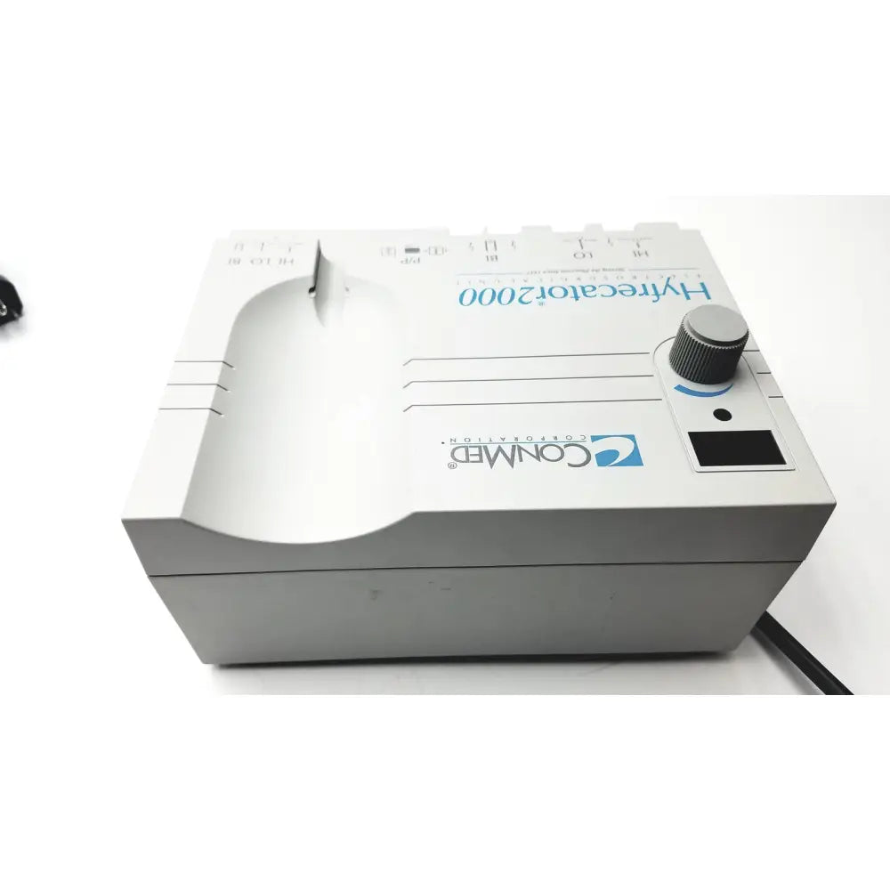 Silver-gray conmed hyrecator 2000 medical device with a textured knob and digital display.