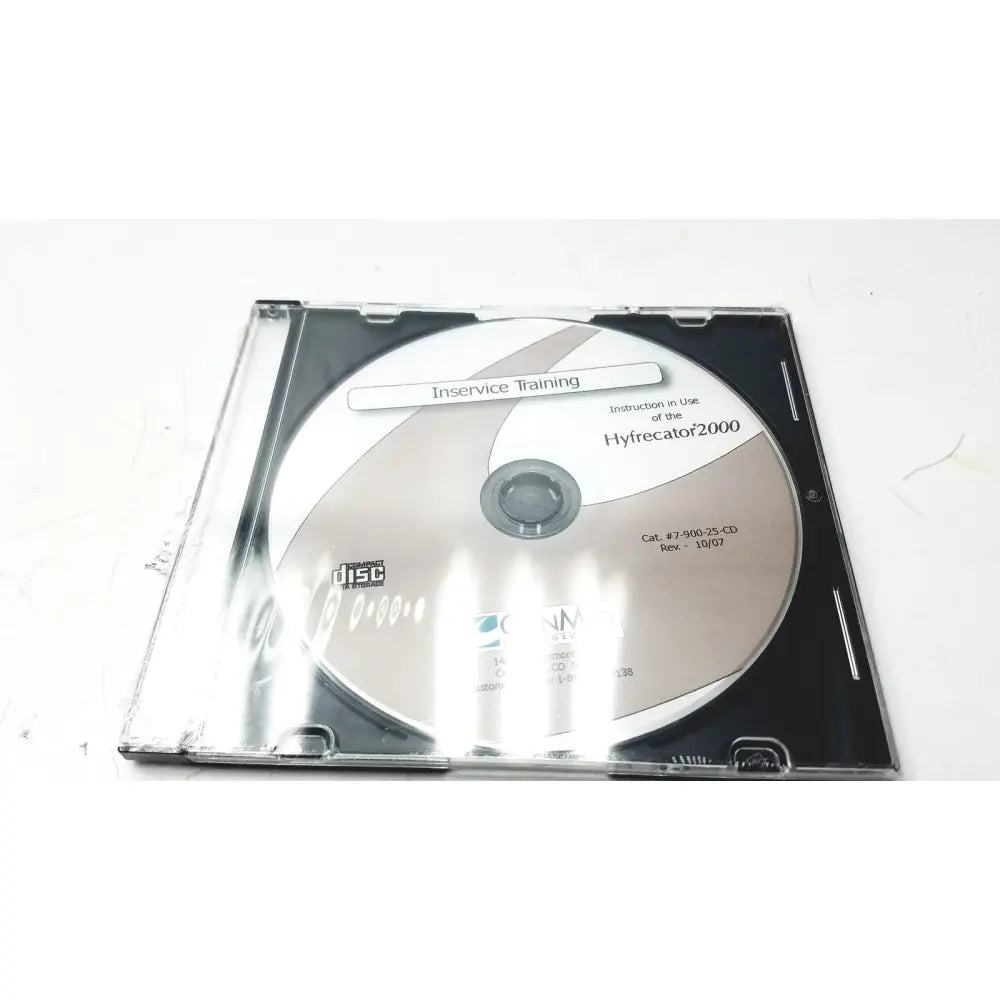 Silver conmed hyfrecator cd labeled inservice training of the hyfrecator 2000 in a clear plastic case for reuse medical training