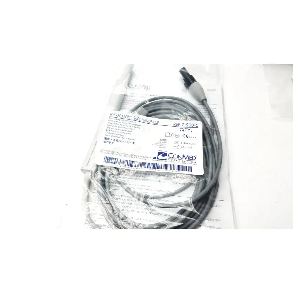 Gray coiled medical handpiece with gray and black connector in clear packaging for conmed hyfrecator reuse medical system